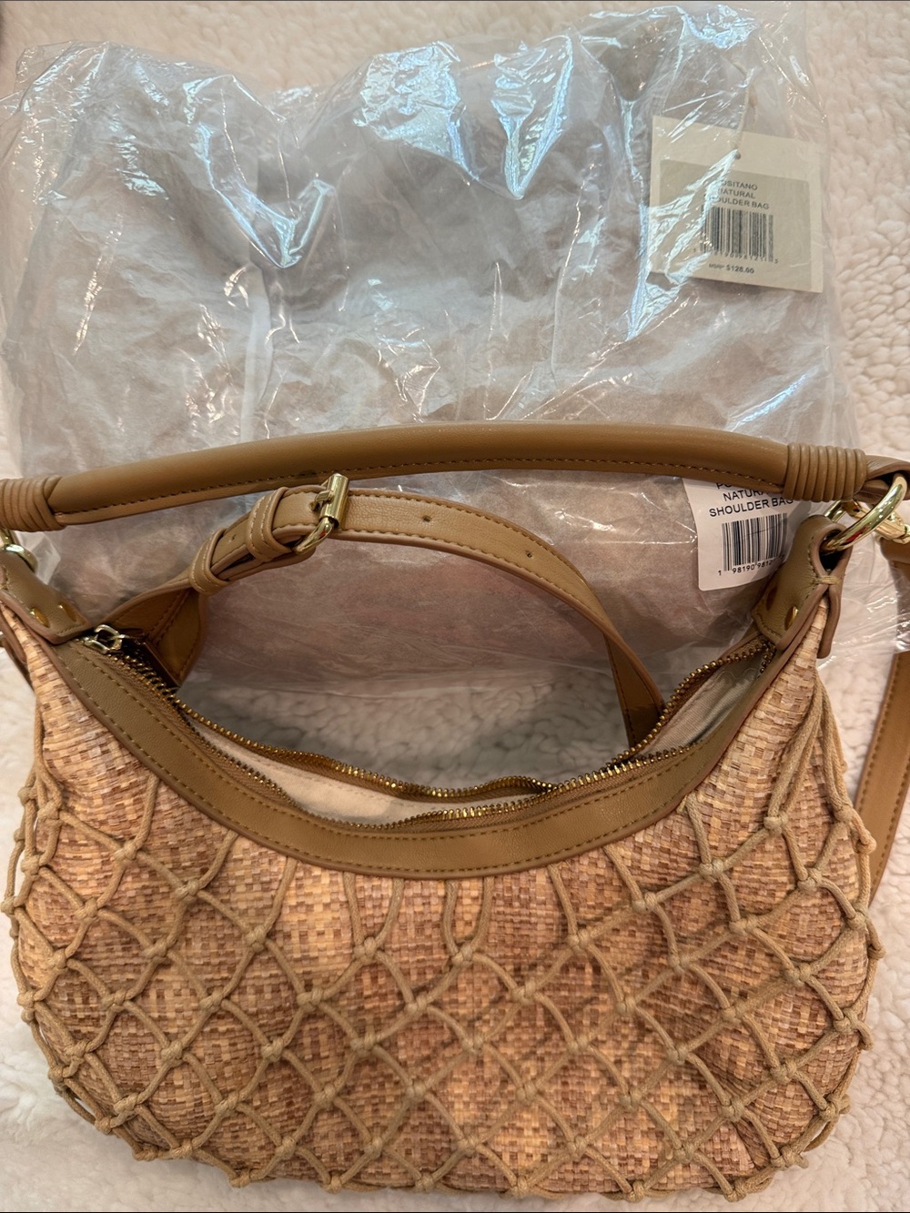 Dolce Vita Tan Woven Shoulder Bag with Knotted Net Overlay - Picture 3 of 4